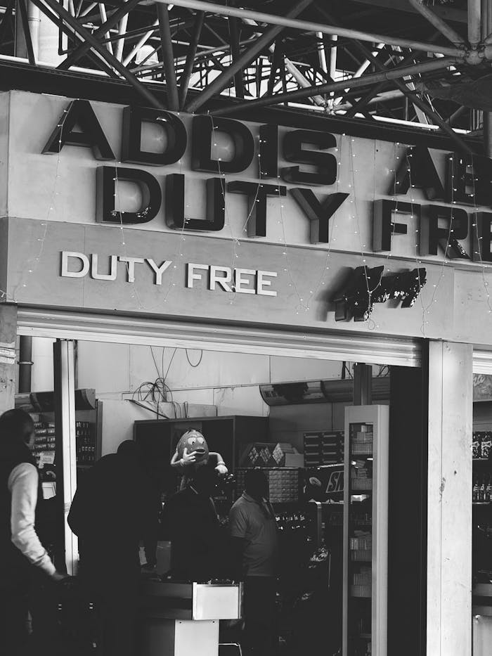 Black and white photo of the duty-free shop in Addis Ababa Airport, Ethiopia.